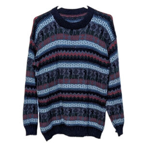 Vintage alpaca traditional Peru crew neck sweater red blue Medium T1